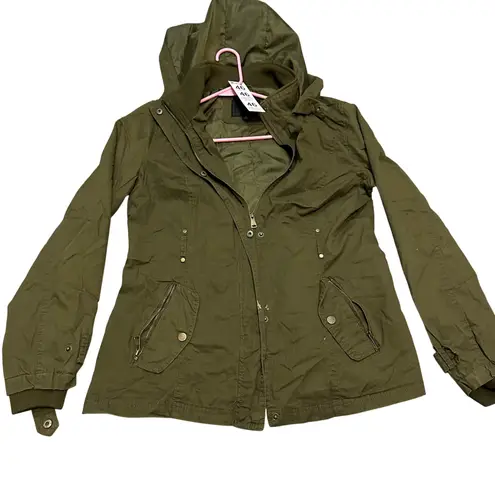 Miss London Olive Green Hooded Utility Jacket Women's XL Zip Snap Pockets