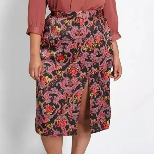 Modcloth midi pencil skirt floral whimsy front slit Large L Satin Feel