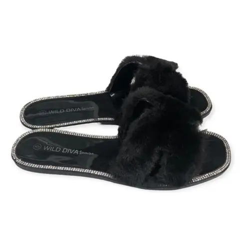 Wild Diva  Lounge Black Faux Fur Rhinestone Slides