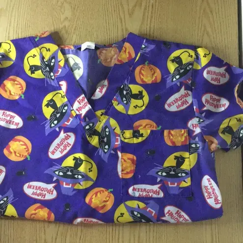 Just Love Halloween Cats Pumpkin Scrub Top 3 Pockets Med/Lrg