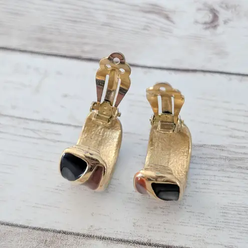 Vintage Clip On Earrings Statement Retro Large Hoops Burgundy, Black Gold Tone
