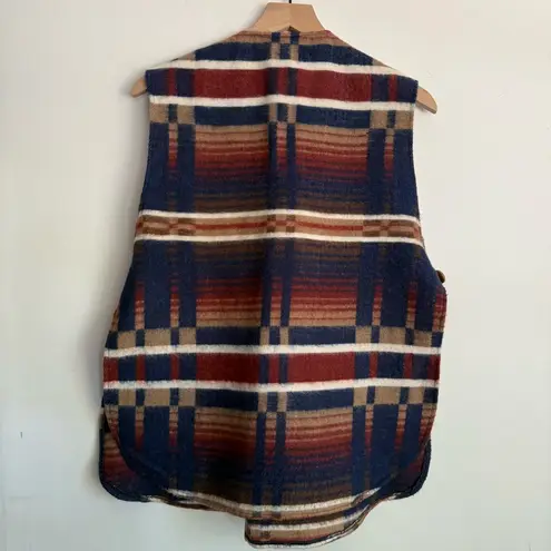 Vintage 70s M.H. Fine Co Wool Plaid Blanket Vest Smock Camp Lodgewear Toggle S Blue