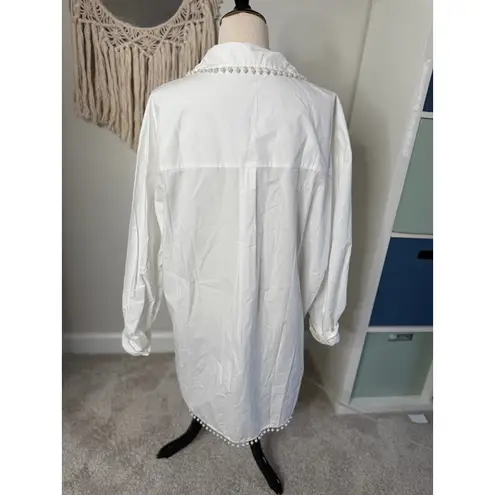 Andthewhy Women's White Pearl Embellished Beaded Classic Button Down Shirt Top Blouse XL