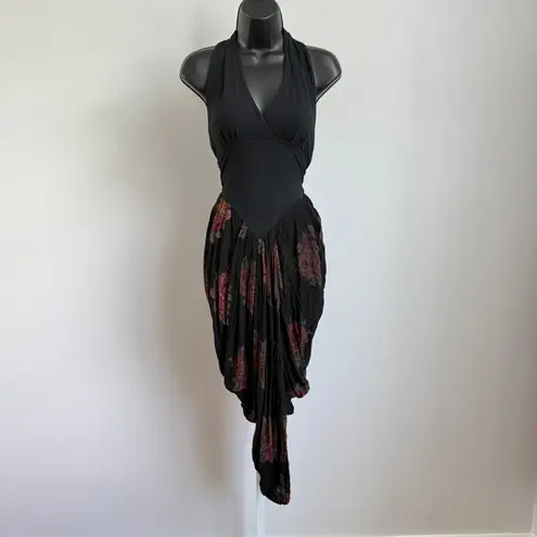 VTG Karen Alexander Black Floral Halter Dress Ruched Tulip Hem Sleeveless sz 10