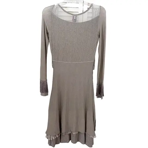 Save The Queen Long Sleeve Metallic Stripe Fringe Dress Greige Women's Small