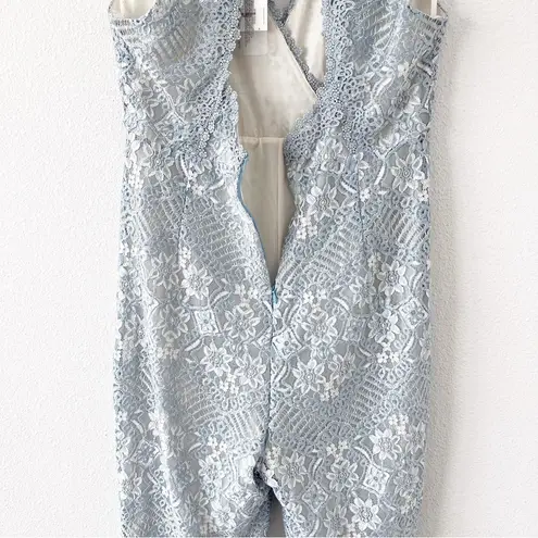 Foxiedox Lace V-Neck Cropped Jumpsuit in Ice Blue