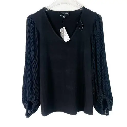 Premise NWT Sheer Pleated Sleeve V-Neck Top Black Size Small S NEW