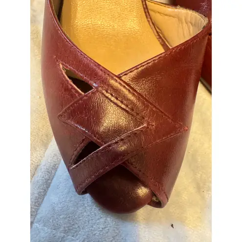 Van Eli Burgundy Leather Heels Open Toe Cut Out Detail Made in Italy Size 5 Red