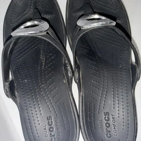 Crocs  Sanrah Wedge Thong Sandals BLACK With Silver Circle Flip Flops Women's 7