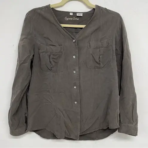 Cypress Grove Brown Silk Pearl Snap Lagenlook Blouse Womens S Long Sleeve Artsy