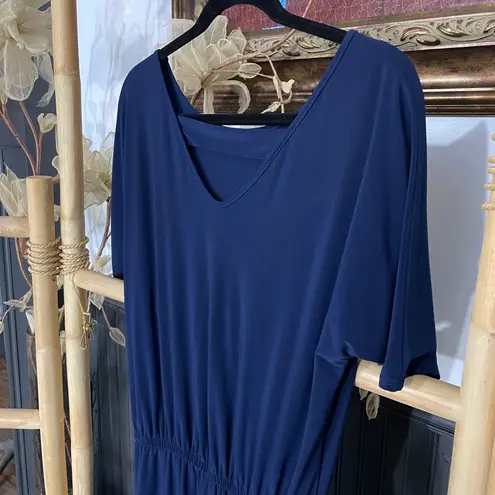 Clara Sun Woo Navy Crepe Open Back Short Sleeve Stretch Travel Jumpsuit