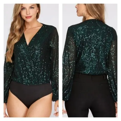 Rachel Zoe  Women's Sequin Long Sleeve Wrap Top Bodysuit Green Black Size Large