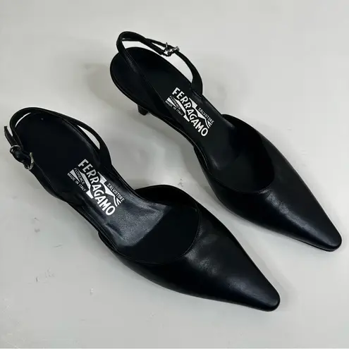 Salvatore Ferragamo Slingback Kitten Heels Womens 8.5 Black Leather Pointed Toe