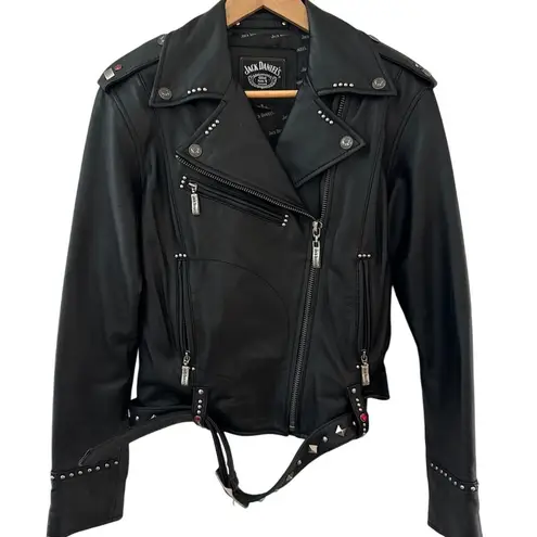 Jack Daniel's Old No7 Studded Fringe Leather Motorcycle Jacket Size Small