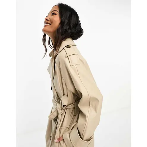 ASOS  DESIGN Tan Faux Leather Trench Coat Size 12 Long Preppy Chic Minimalist thumbnail 8
