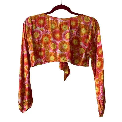 VDM Revolve Orange Multicolor Retro Floral Print Swim Coverup Tie Front Crop Top