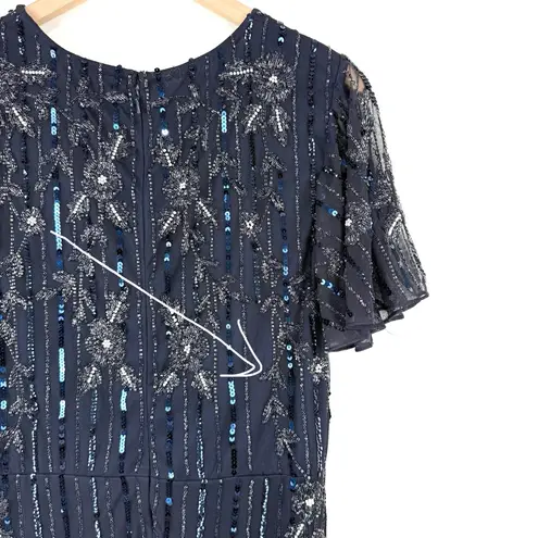 Mac Duggal Sequin Embellished Beaded Faux Wrap Gown Navy Blue Sz 14 NWT 93654