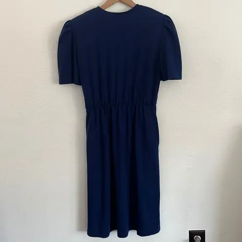 Vintage Blue  Wrap Dress 10 Petite Midi Knee Length Navy Blue Capsule Neutral