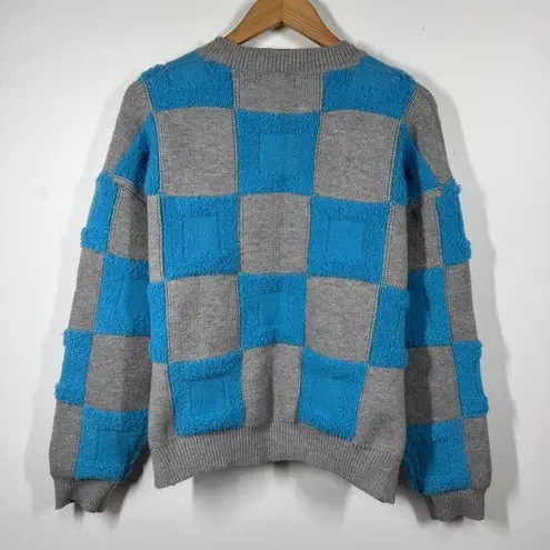 &merci &merci Sweater Women M Blue & Grey Textured Checkered Sweater Chunky Boxy Geo