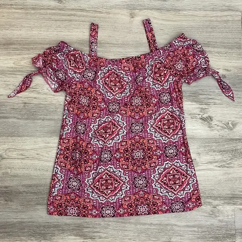 Brooks Bobbie  Pink White Green Paisley Print Off the Shoulder Short Sleeve Top S