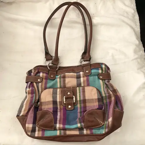 2000s Y2K quirky retro Multicolored colorful plaid shoulder hand bag purse brown leather trim silver hardware