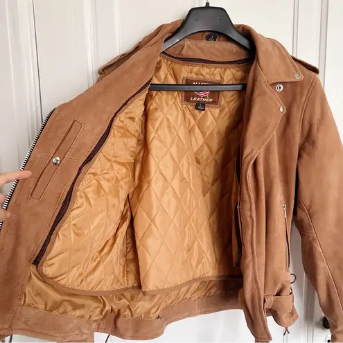All State • brown leather motorcycle jacket insulated lined moto Indian logo Tan Size L