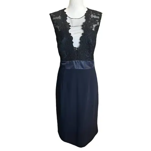 THEIA Deep Midnight Sheath Lace Illusion Dress Blue Size 16