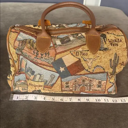 Unique Texas Themed Purse Handbag Tapestry Fabric Leather Handles and Trim Brown