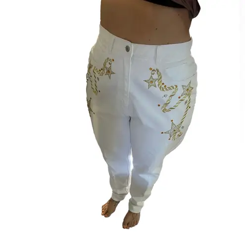 NWT Vintage 80s Country Western Metallic Gold Mom Jeans Size 10 White