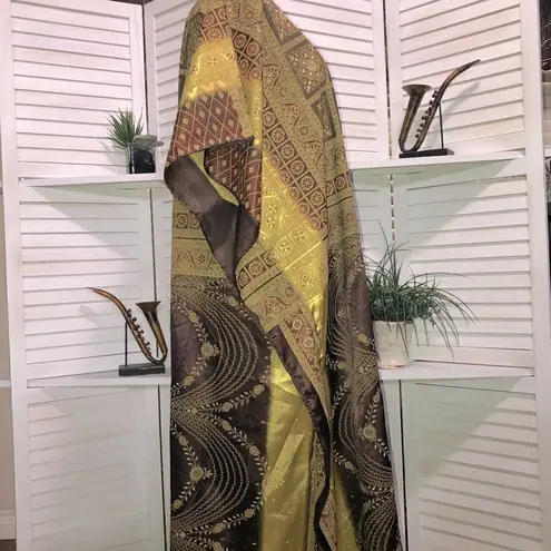 Vintage 70s Boho Kaftan Batik Golden Baroque Art Print Maxi Dress OS Brown Size undefined