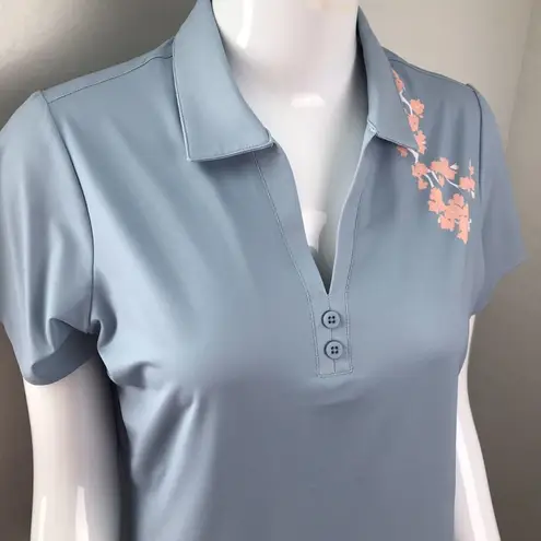 Heather Grey Women's Gray Cherry Blossom Flowers Short Sleeve Polo Top Size M