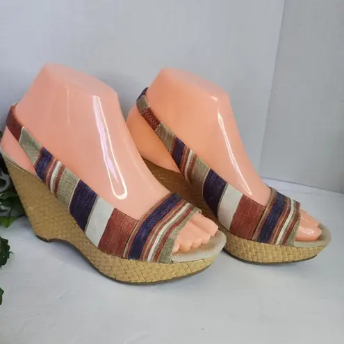 Anne Klein  Fortuna Stripe Fabric Slingback Rattan Wedge Sandals Boho 6M