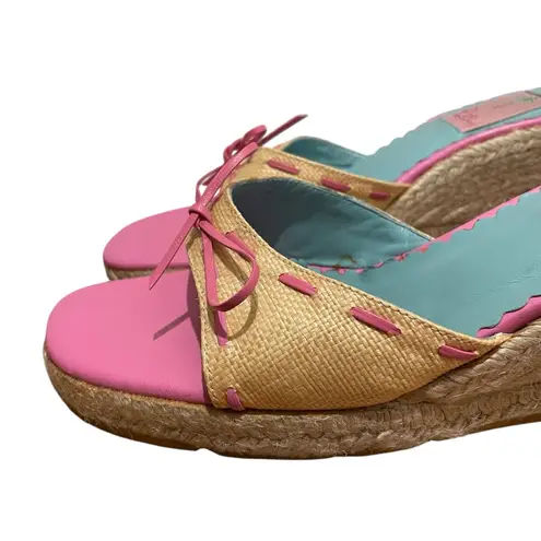 Lilly Pulitzer  Relay Hibiscus Pink  Leather Straw Wedge Sandals Womens Size 10