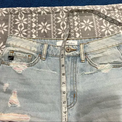KanCan High Waist Distressed Cotton Candy Jean Shorts Fray Hem Color Thread Sz S Blue