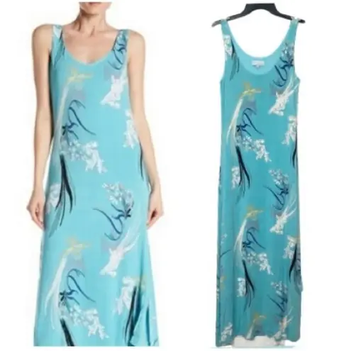 Joan Vass Teal Blue Floral Summer Maxi Dress Size Small