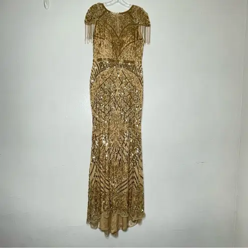 Mac Duggal 4715 Size 12 Embellished Fringe Cap Sleeve Trumpet Gown, Light Gold