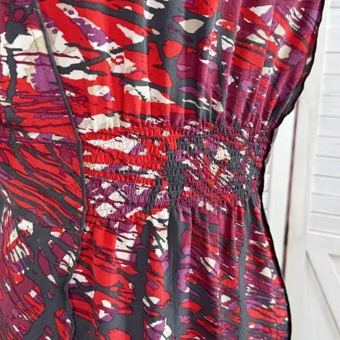 BCBGMAXAZRIA  Abstract Print Knot Front Silk Blouse Sleeveless Black Red Medium