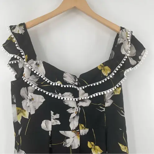 City Chic Jumpsuit SZ 14 Black White Yellow Crepe Floral Print Off The Shoulder