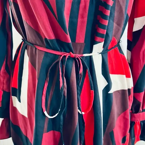 Loft  Plum Navy Red White Geometric Printed Long Sleeve Shift Shirt Dress