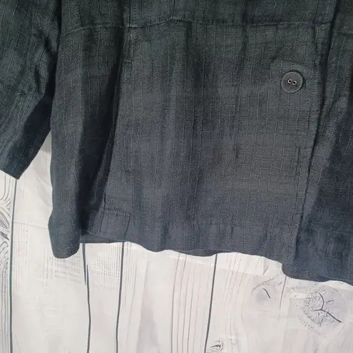 Eileen Fisher  3/4 Sleeve Black Striped Plaid 100% Linen Button-Up Blazer - Image 5