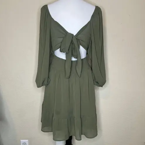 Exlura Olive Green Square Neck Cutout Back Mini Dress Terylene Babydoll XL Boho