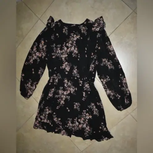 Ever New Melbourne Floral Ruffle Long Sleeve Elastic Waist Dress Size Large 12 Black