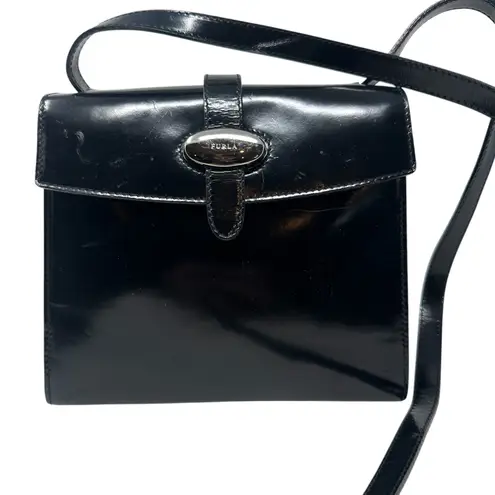 Furla Vintage Shoulder Bag Purse PVC Vinyl Silver Buckle Black