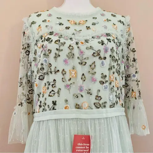 Ivy City Co Mint Green Purple Beaded Floral Embroidered Tulle Dress