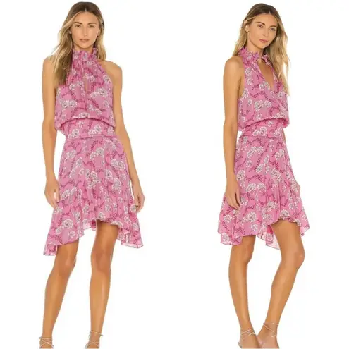 ALC Frank A.L.C 100% Silk Cody Floral Print Asymmetrical Halter Neck Midi Dress Pink 8