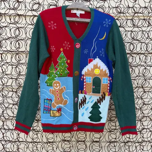 Y2K Jolly Sweaters Ugly Christmas Cardigan Gingerbread Man Scene SMALL Red