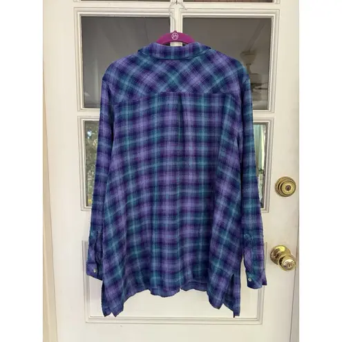 J. JILL Purple Teal Plaid Textured Crinkled Button Front Tunic Shirt Size Lp