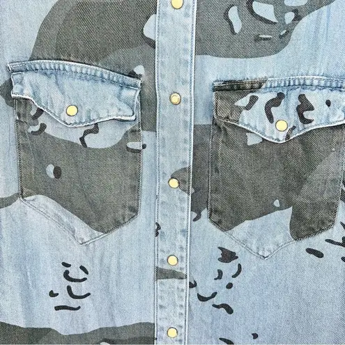 All Saints Kat Women's Camo Denim Mini Shirt Dress in Shades of Blue/Black Sz 0
