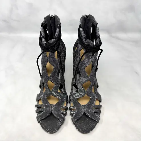 Alexandre Birman Loretta Metallic Caged Block Heel Sandal Booties Silver 38.5