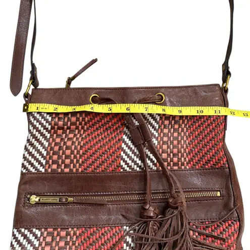 Elliott Lucca Woven Leather Tassel Crossbody Bucket Bag Brown Red White Boho